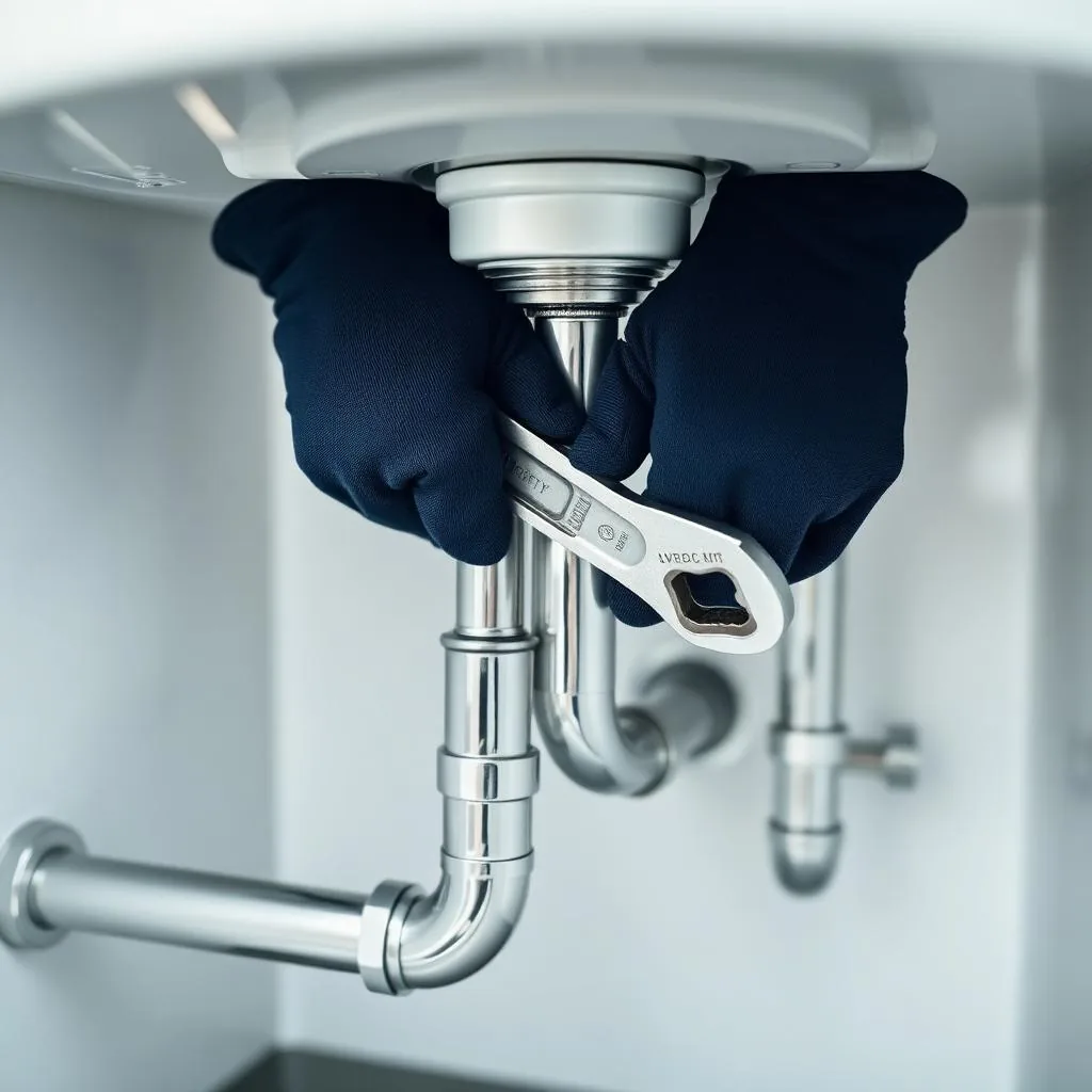 Plumbing professional in plain navy workwear using a wrench on chrome pipes under a modern sink